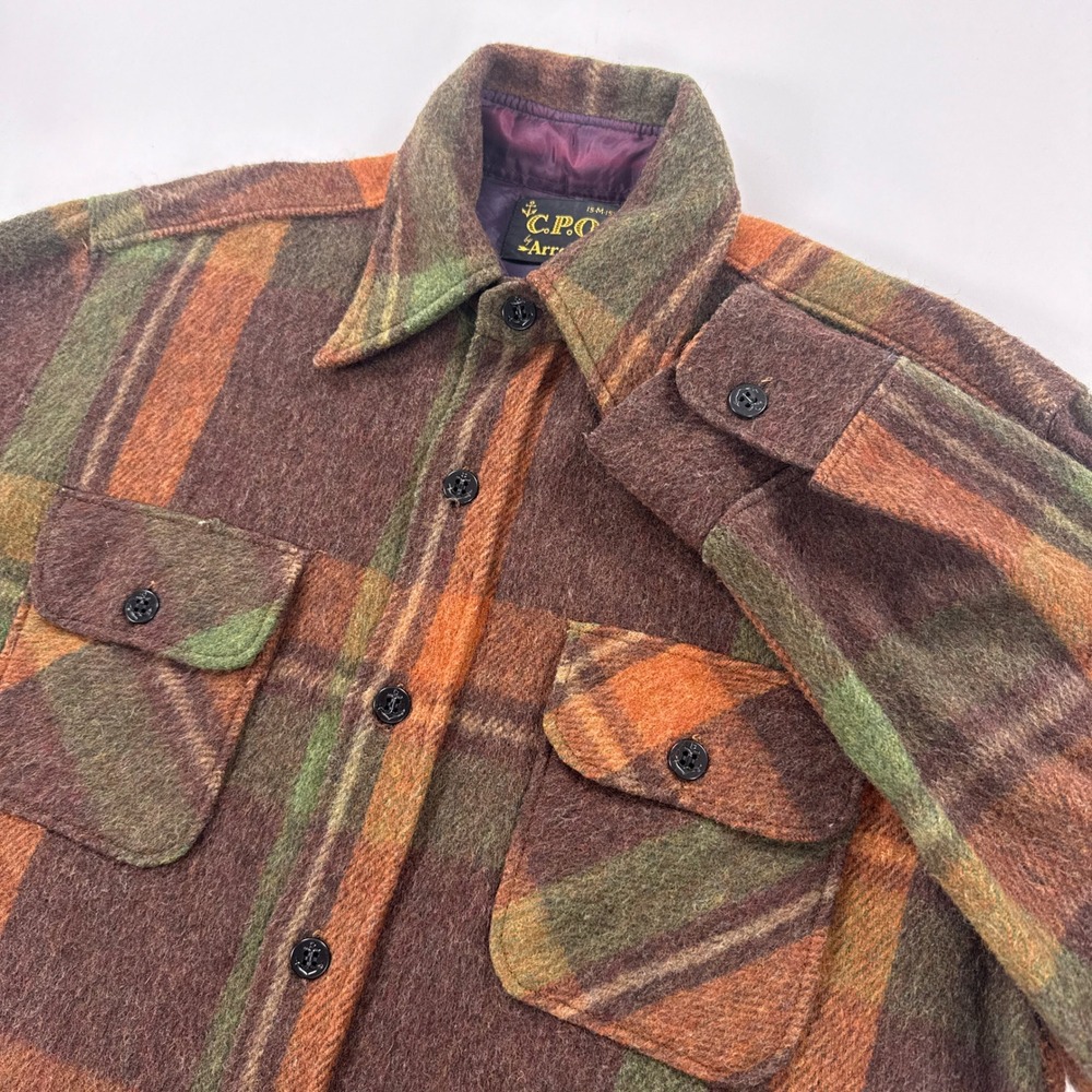 Vintage 70s Arrow CPO Wool Shirt Jacket Mens M Plaid Shacket Anchor Buttons USA